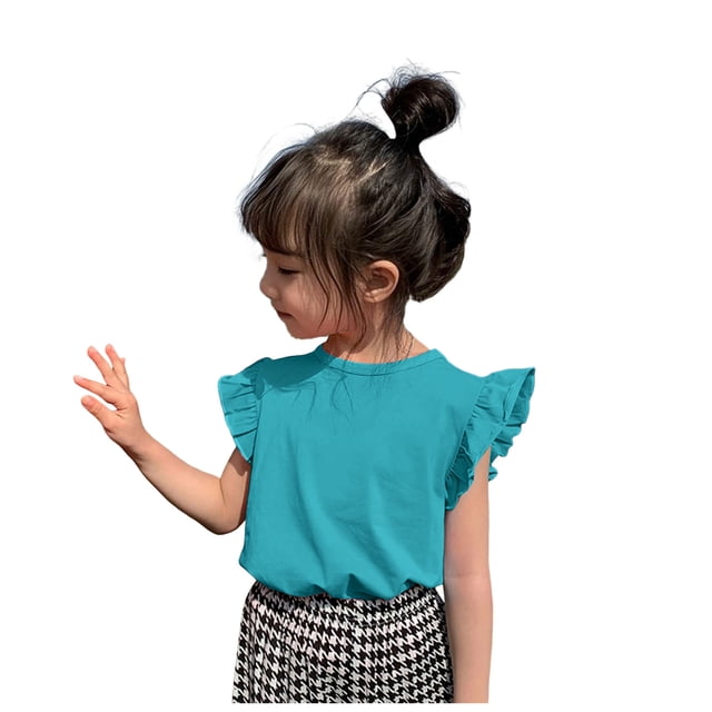 Nwiuh T-Shirts pour Filles à Double Couche à Volants Manches Courtes Enfants Été Col Rond Tunique Tee 1-8 Ans (Vert, 7-8 Ans)
