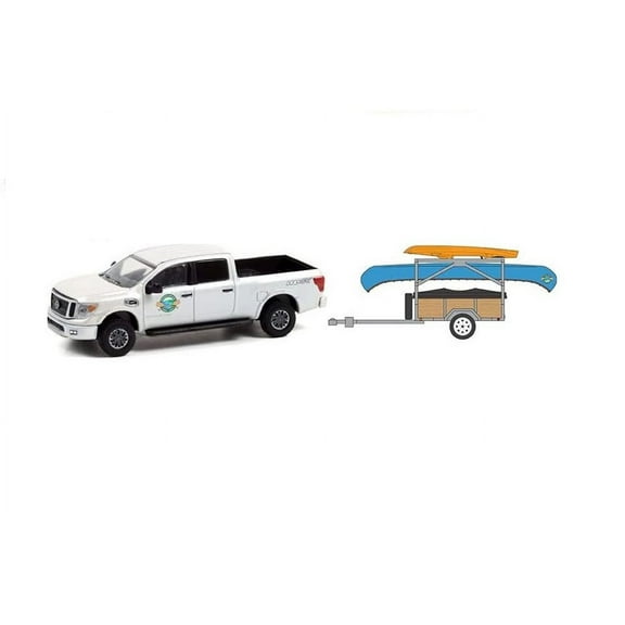 2019 Nissan Titan XD Pro-4X "Whitewater Canoe Rental” with Canoe Trailer with Canoe Rack, Canoe and Kayak, White - Greenlight 32230A/24 - 1/64 scale Diecast Model Toy Car