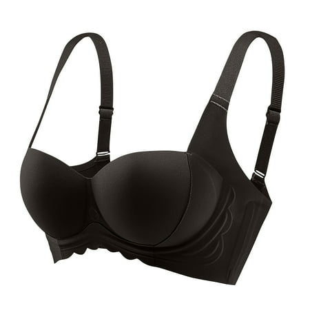 REORIAFEE Bras for Women Gathered Together Wireless Bras Seamless Adjustable Straps Brassiere Breathable Spaghetti Straps Comfy Corset Underwear Classic Comfortable Support Lingerie Black XL