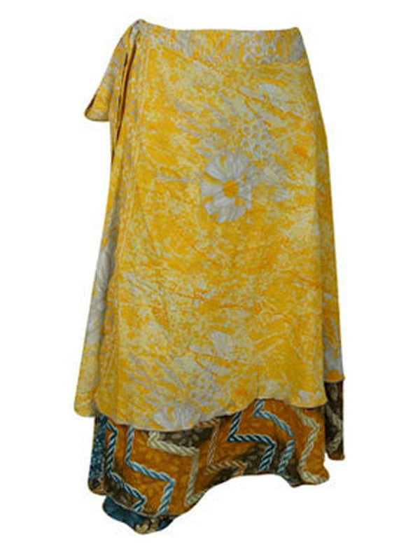 Mogul Womens Short Wrap Skirt, Yellow Floral Sari Skirt One Size