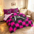 thumbnail image 2 of Manfei Fashion Grid Initial A 7-Piece Twin Bedding,Pearl Print Bedding Comforter Set,Black Pink,Pink Reversible, 2 of 7