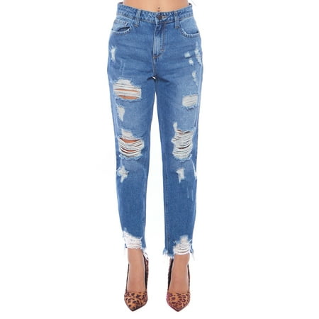 Denim - Womens Distressed Hem Boyfriend Loose Jeans Pants WV75762S