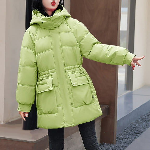 ITSAME Womens Puffer Jacket, Elastic Waist Keep Warm Pockets Long Length Down Parkas Green XL