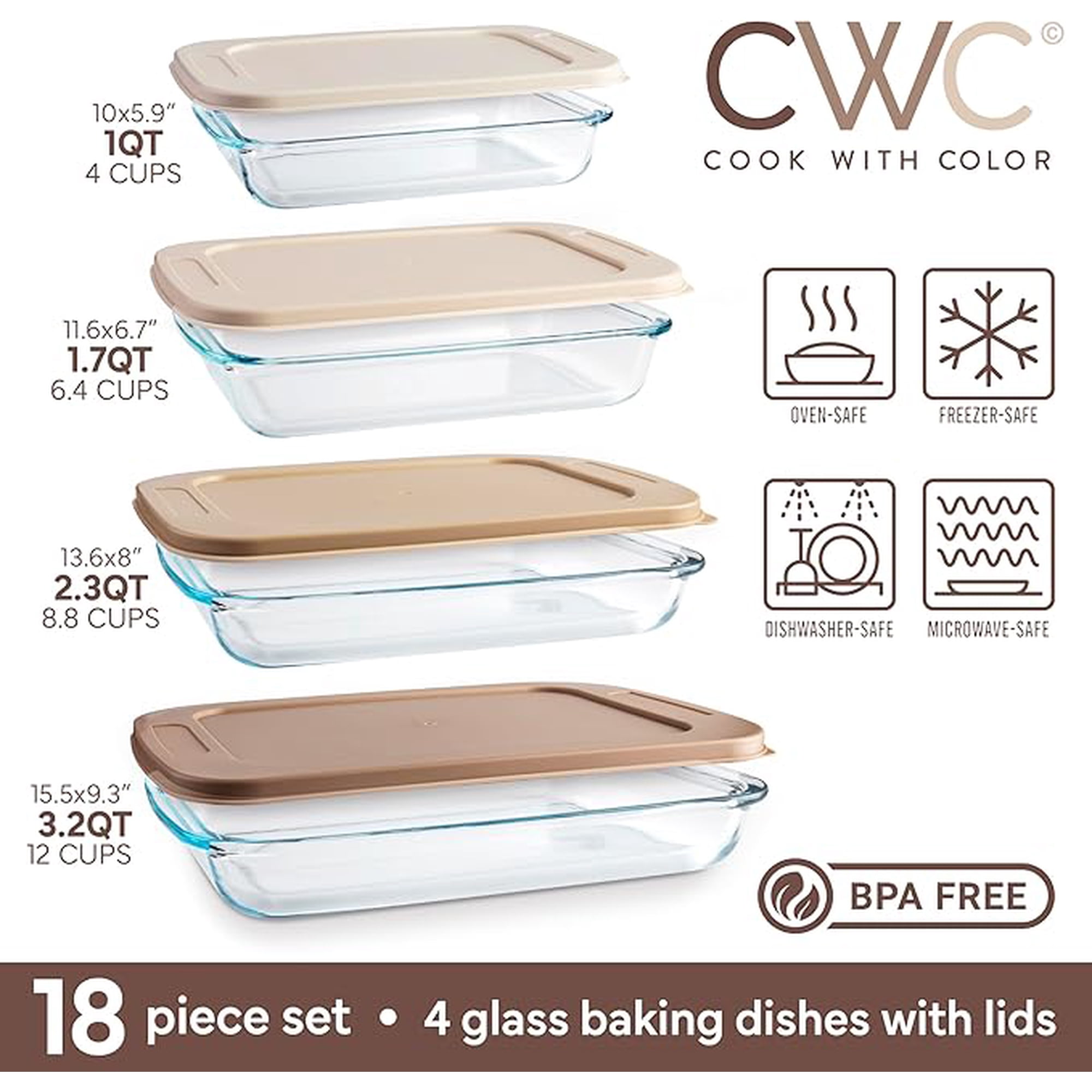 COOK WITH COLOR 8-Pc Glass Baking Dish Set with Lids, Microwave-Safe Glass Bakeware Set, Brown
