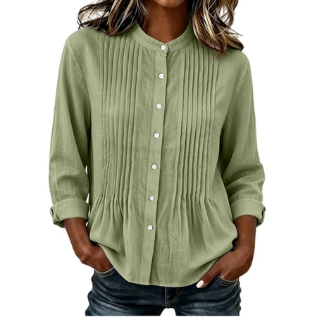 ctdiral Womens Pleated Long Sleeve Blouse Crew Neck Button Down Shirts Solid Color Loose Fit Tops Fall Daily Wear Green XXL