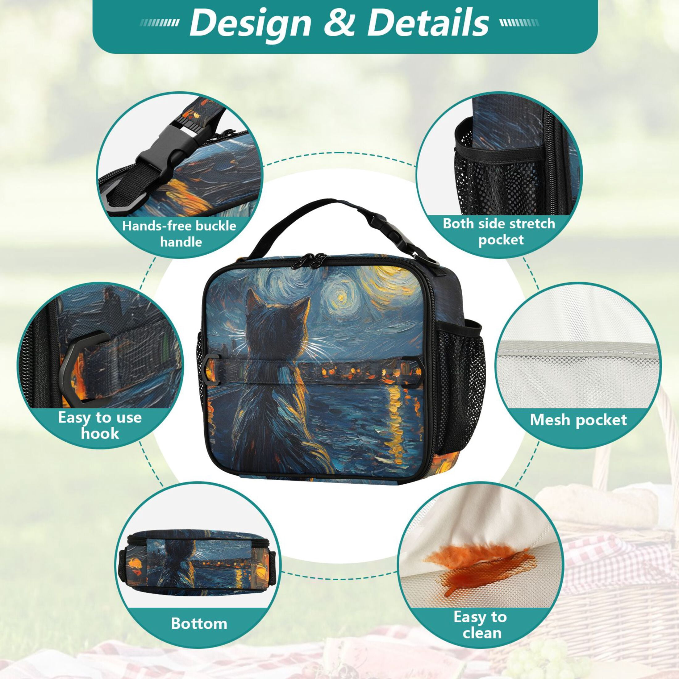 ALAZA Starry Night Cat Lunch Box Insulated Lunch Bag Cooler Tote with Shoulder Strap