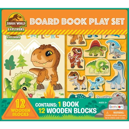 Jurassic World Explorers 12 Wooden Blocks and 8 Page Board Book, Educational Toy Play Set for Kids 3 and up