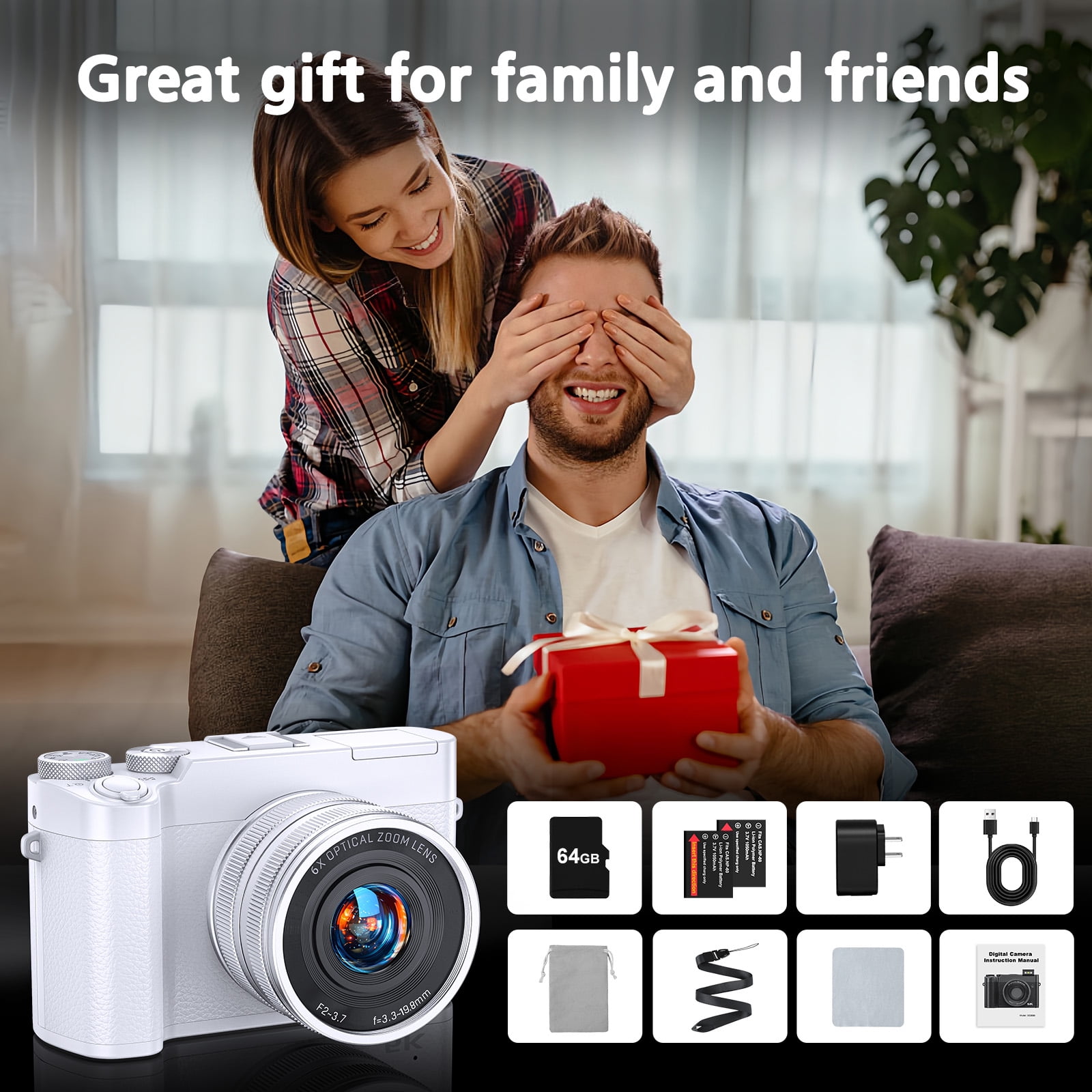 5K 64MP Digital Camera with Dual Front/Rear Lenses - Autofocus, Anti-Shake, Vlogging for YouTube, Includes 64GB SD Card & Flash (White)