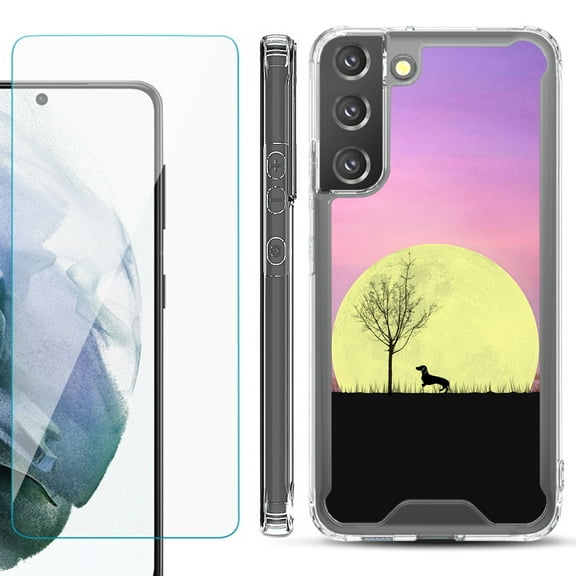 Shockproof Bumper Phone Case for Samsung Galaxy S22 5G, with Tempered Glass Screen Protector, by OneToughShield ® - Moonlight Dachshund
