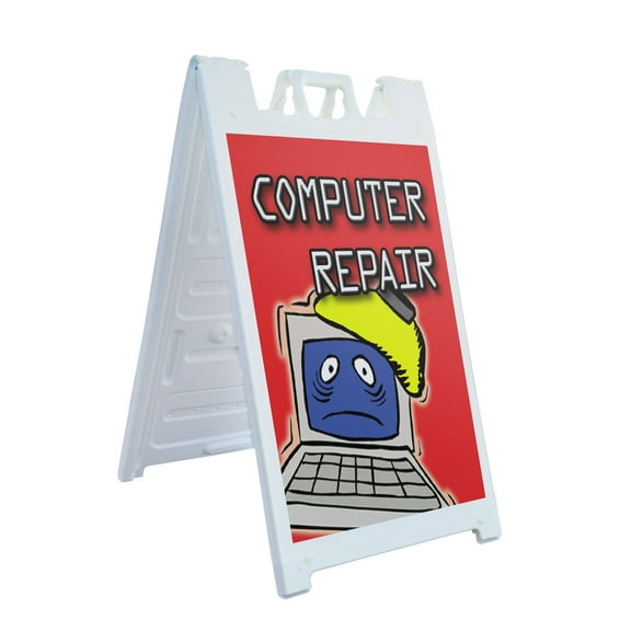 A-frame Sidewalk Computer Repair 24" x 36" Double Sided A-Frame Sidewalk Sign, Includes 2 Plastic Inserts | Foldable Portable White Signicade Sandwich Board Signs
