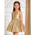 thumbnail image 6 of Raenseen Girls Shiny Party Dress With Belt One Shoulder A Line Summer Dress Patent Leather Look Modern Jazz Dance Outfits Gold 14, 6 of 7