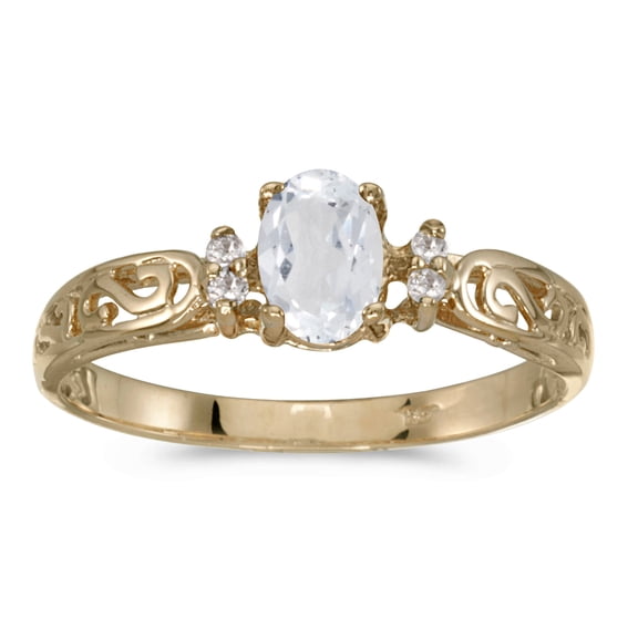 14k Yellow Gold Oval White Topaz And Diamond Filigree Ring