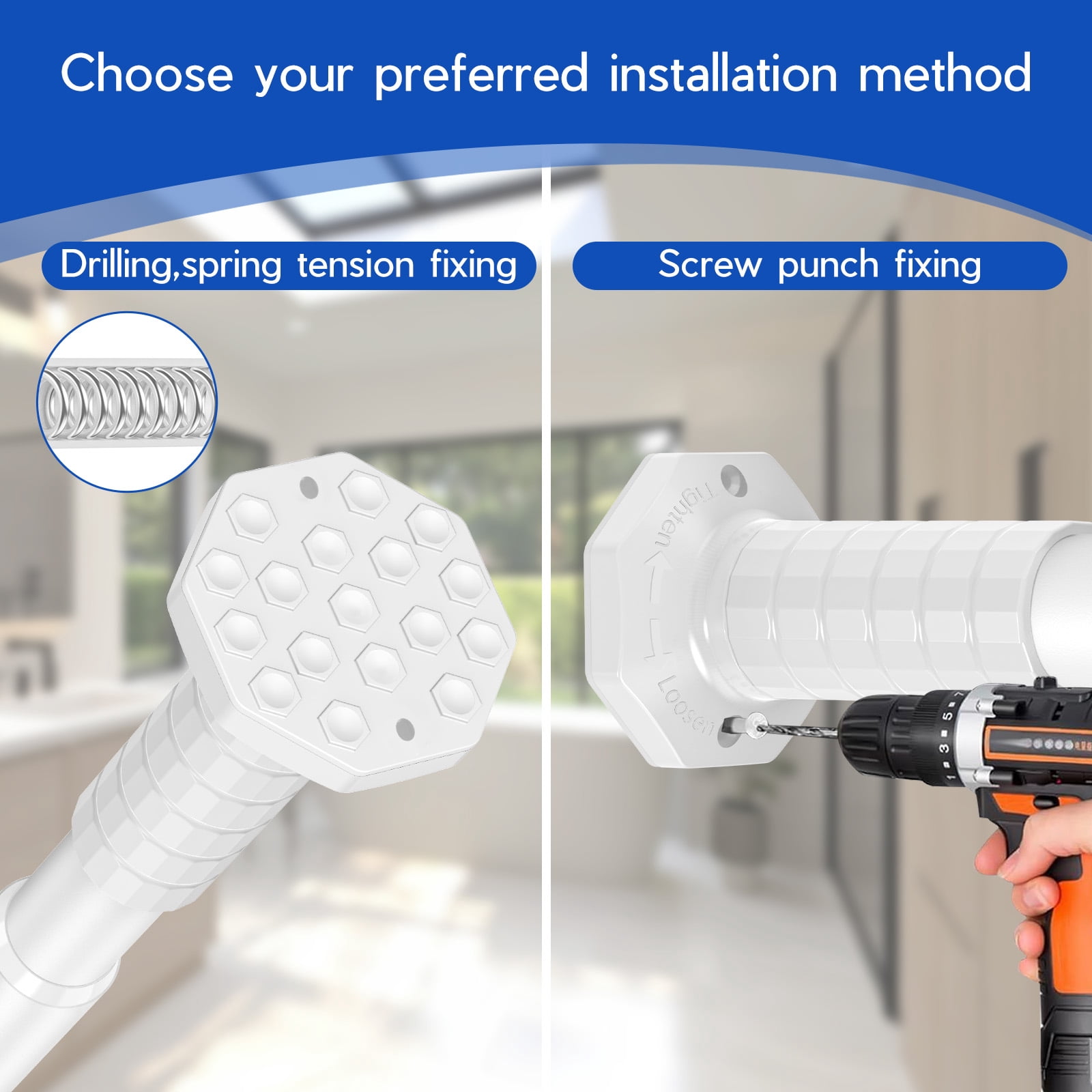 GIRACOA 2-in-1 Adjustable Curtain Rod, No Drill Tension & Screw Mount, Octagon Anti-Slip Base, Holds 40 lbs, Rust-Resistant for Bathroom Bedroom Living Room Patio (51-109 Inch, White)