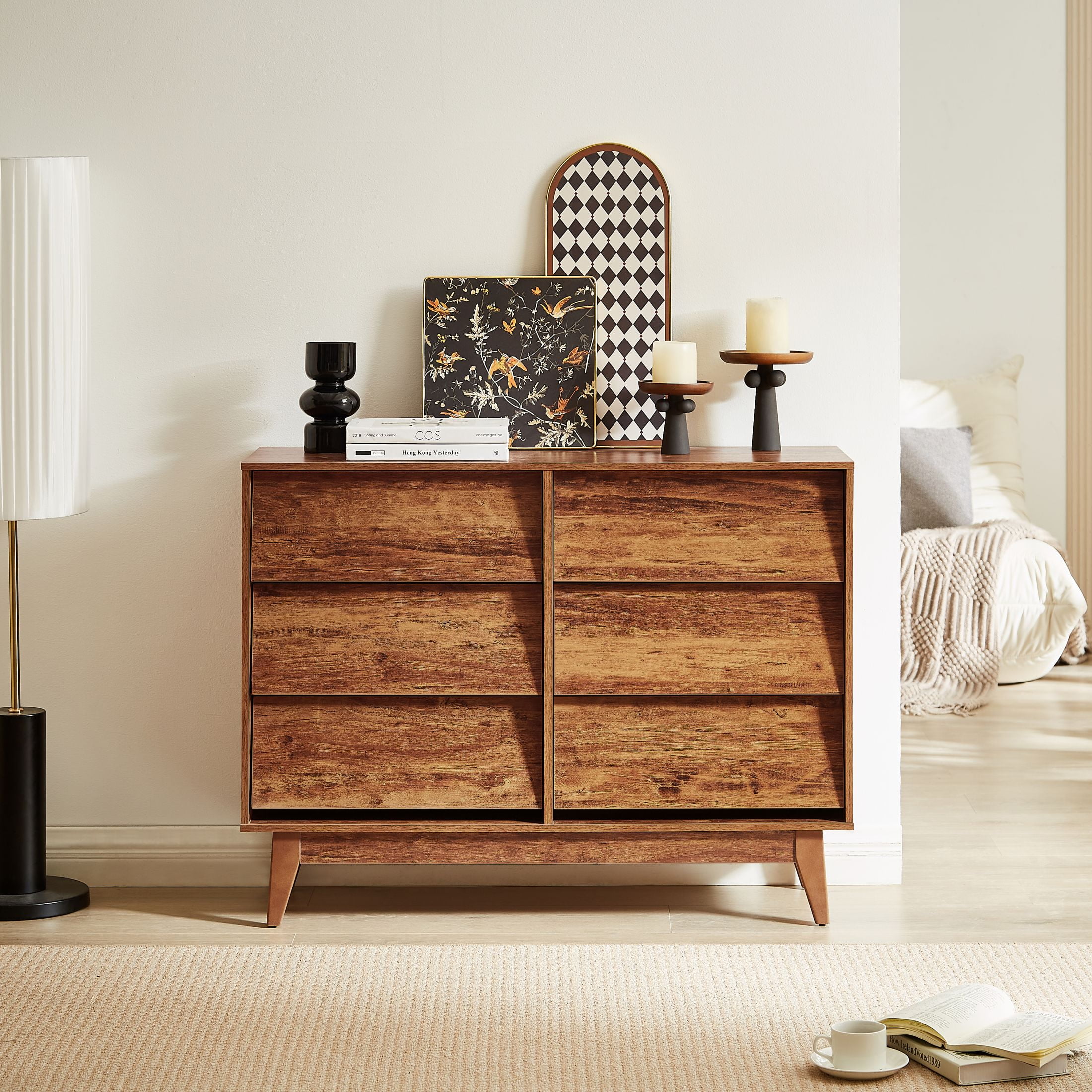 DEALTOPS Vintage Dresser with 6 Drawers in Bevel Design, Versatile Spacious Storage Cabinet, Antique Walnut