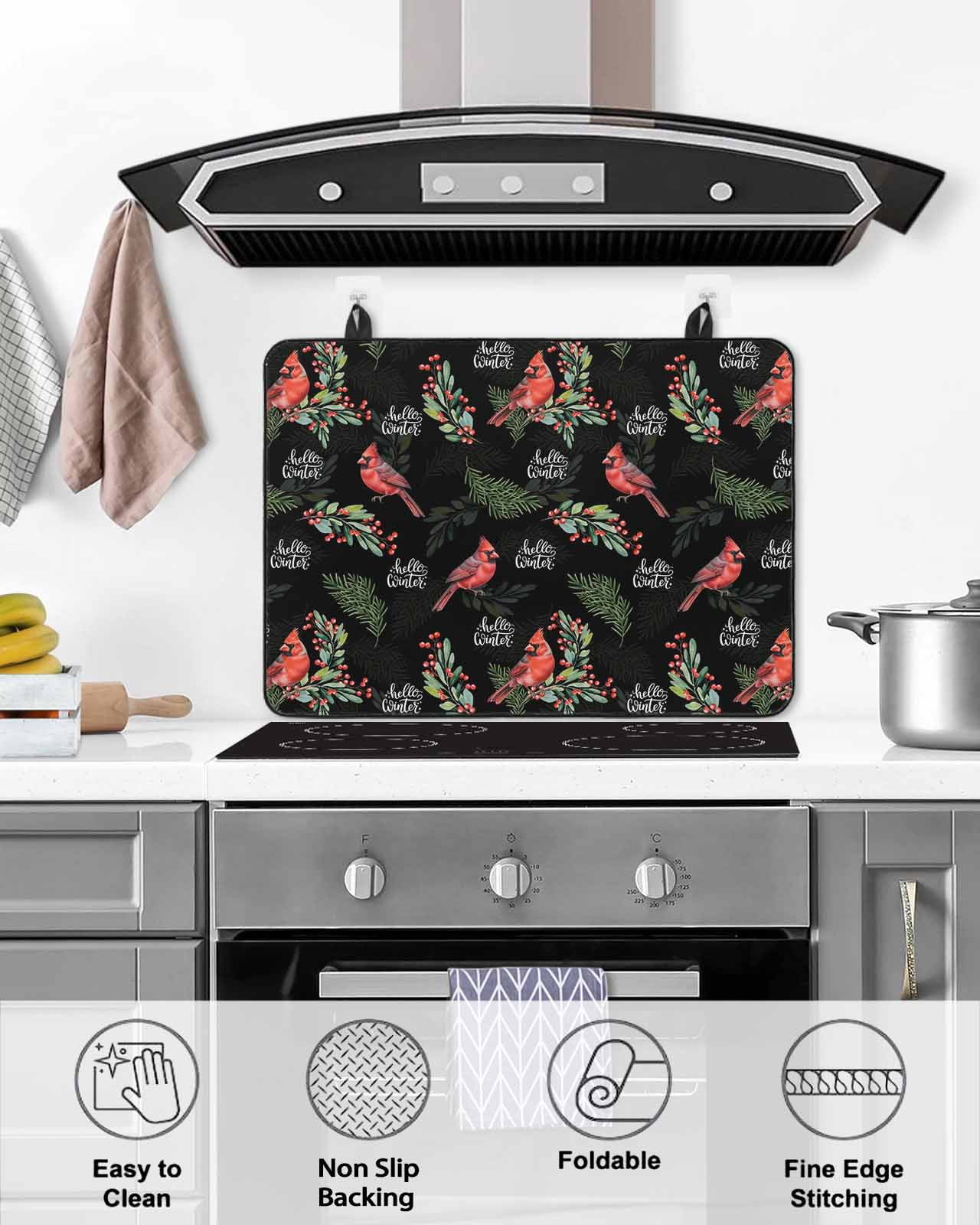 Large Induction Cooktop Protector Mat Cardinal Bird Stove Top Covers for Electric Stove, Holly Branches Berry Winter Botanical Black Decorative Stove Burner Cover Mats, Glass Top Stove Cover