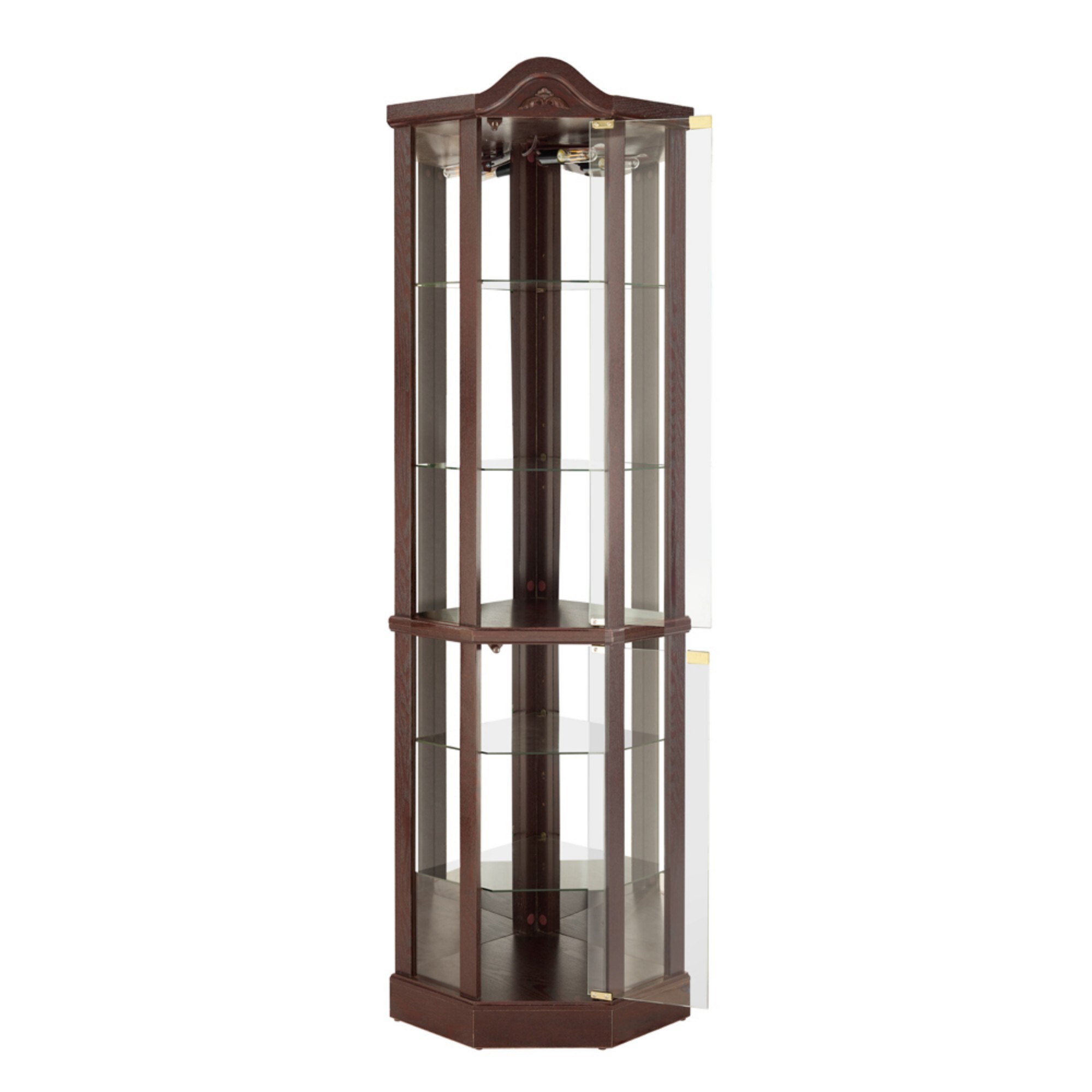AENKYO Elegant Corner Curio Cabinet with Light Bulb & Adjustable Shelves, Glass Display Case for Collectibles, Cherry