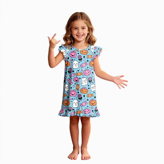 NOLDARES Halloween Nightdress Toddler Girls Sleepwear Cute Cartoon Ghost Print Dresses Short Sleeve Pajamas Dress(N215-Sky Blue)