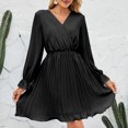 thumbnail image 6 of hotojiny Womens Cocktail Dresses Summer Trendy Long Sleeve Pleated Dress Elegant V Neck Casual Party Dress, 6 of 7