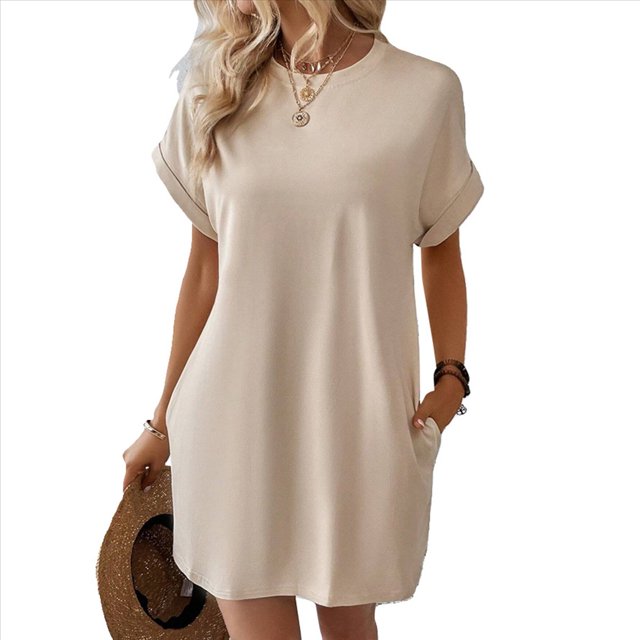 Vestido Holgado de Corta con Cuello Redondo y Bolsillos, Color Albaricoque XL