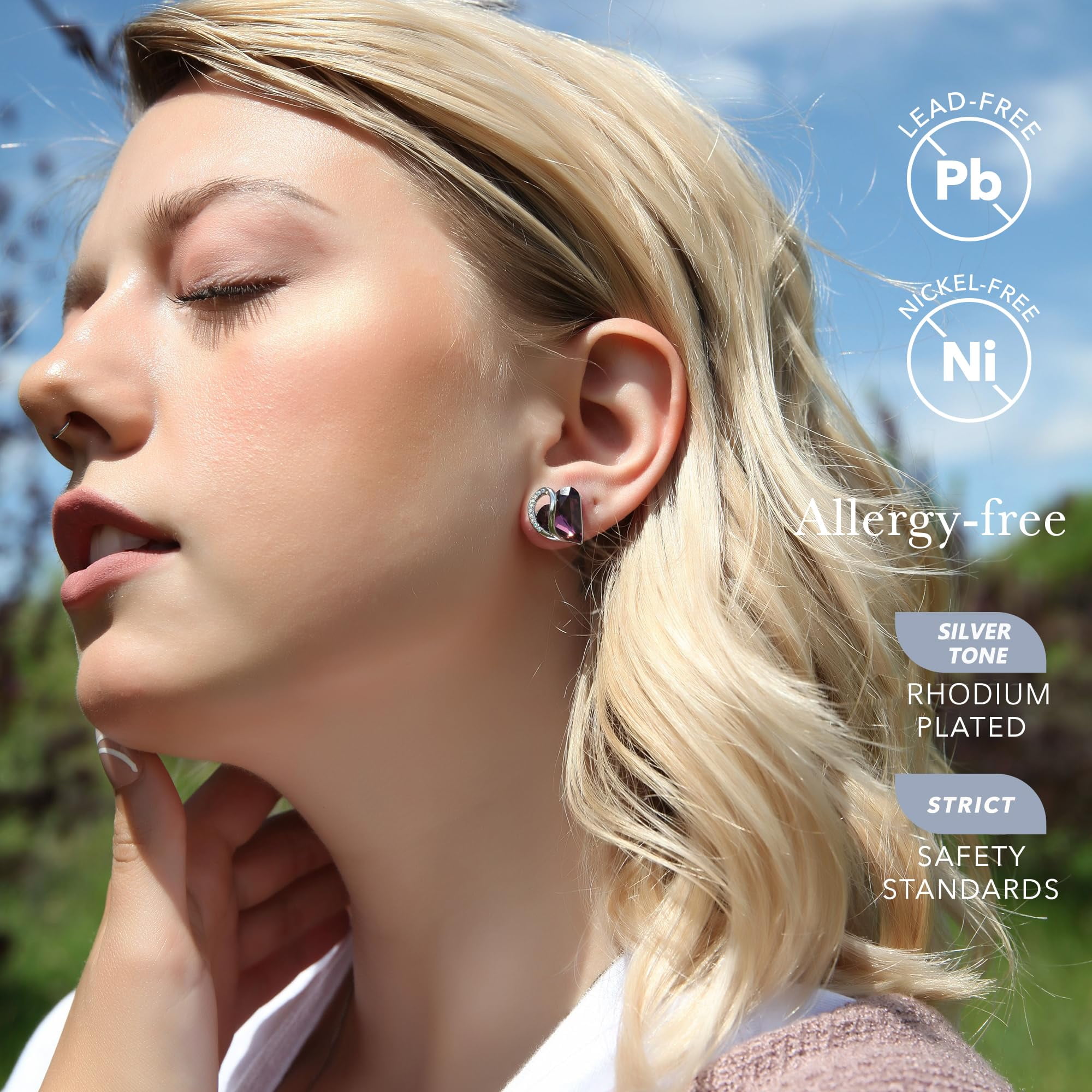 Leafael Birthstone Crystal Earrings for Women, Amethyst Purple Pink for February, Gift for Mom and Mother, Silver Stud Earring Jewelry for Ladies, Infinity Love Heart