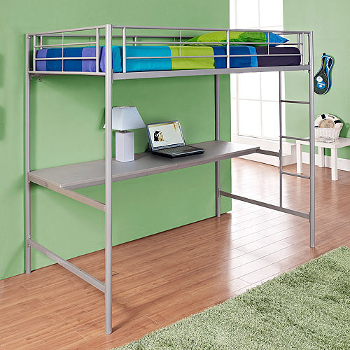 Metal Twin Loft Bed Over Workstation, Silver