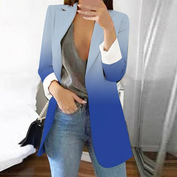 Gubotare Blazer Jackets for Women Women Long Sleeve Blazer Open Front Shawl Lapel with Shoulder Pads (Blue,XXL)