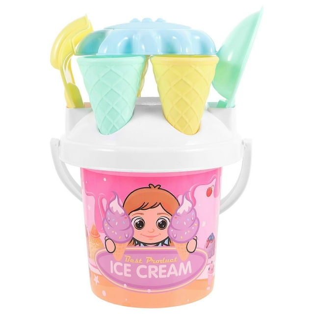 1set Race Beach Toys Sand Toys Ice Cream Mold Set for Kids 3-10 with Beach Toy Bucket Pail for Kids and Toddlers (Random Color) 9 In 1