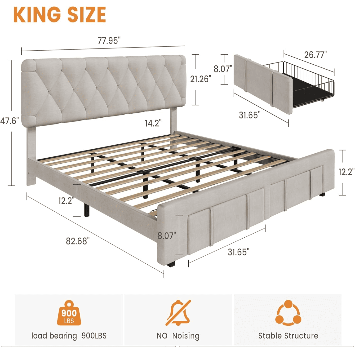 Full/Queen/King Size Bed Frame 2 Storage Drawers,Modren Upholstered Platform Bed Frame with Solid Wooden Slats Supports,No Box Spring Needed