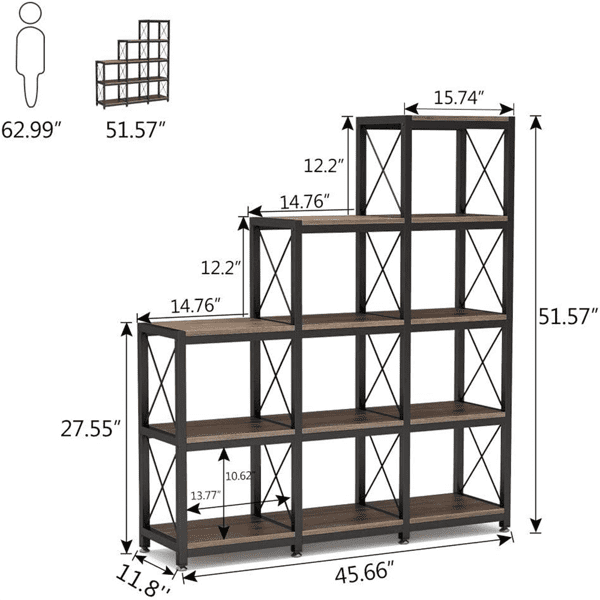 9-Cube Vintage Ladder Bookcase, Stepped Staircase Design, Space-Saving Etagere for Home/Office, Easy Assembly