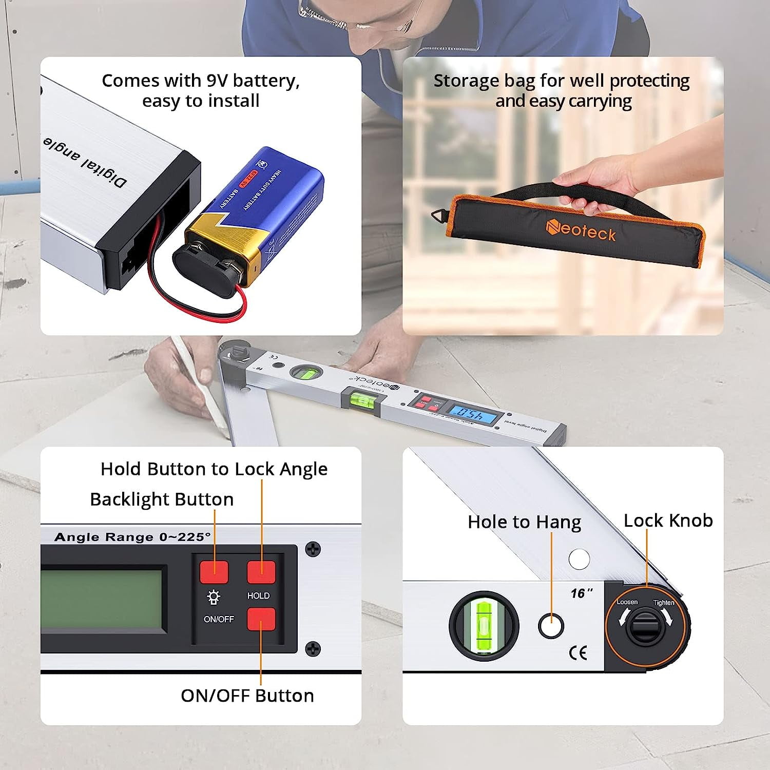 Esynic Aluminum Digital Angle Finder Protractor 225° 16 inch Backlit LCD Digital with Horizontal and Vertical Bubble - Silver