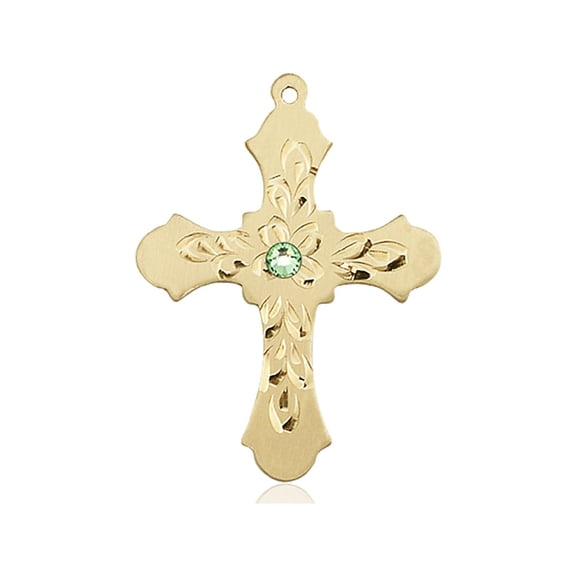 14kt Yellow Gold Cross Medal with 3mm August Green Swarovski Crystal 1 1/4 x 7/8 inches