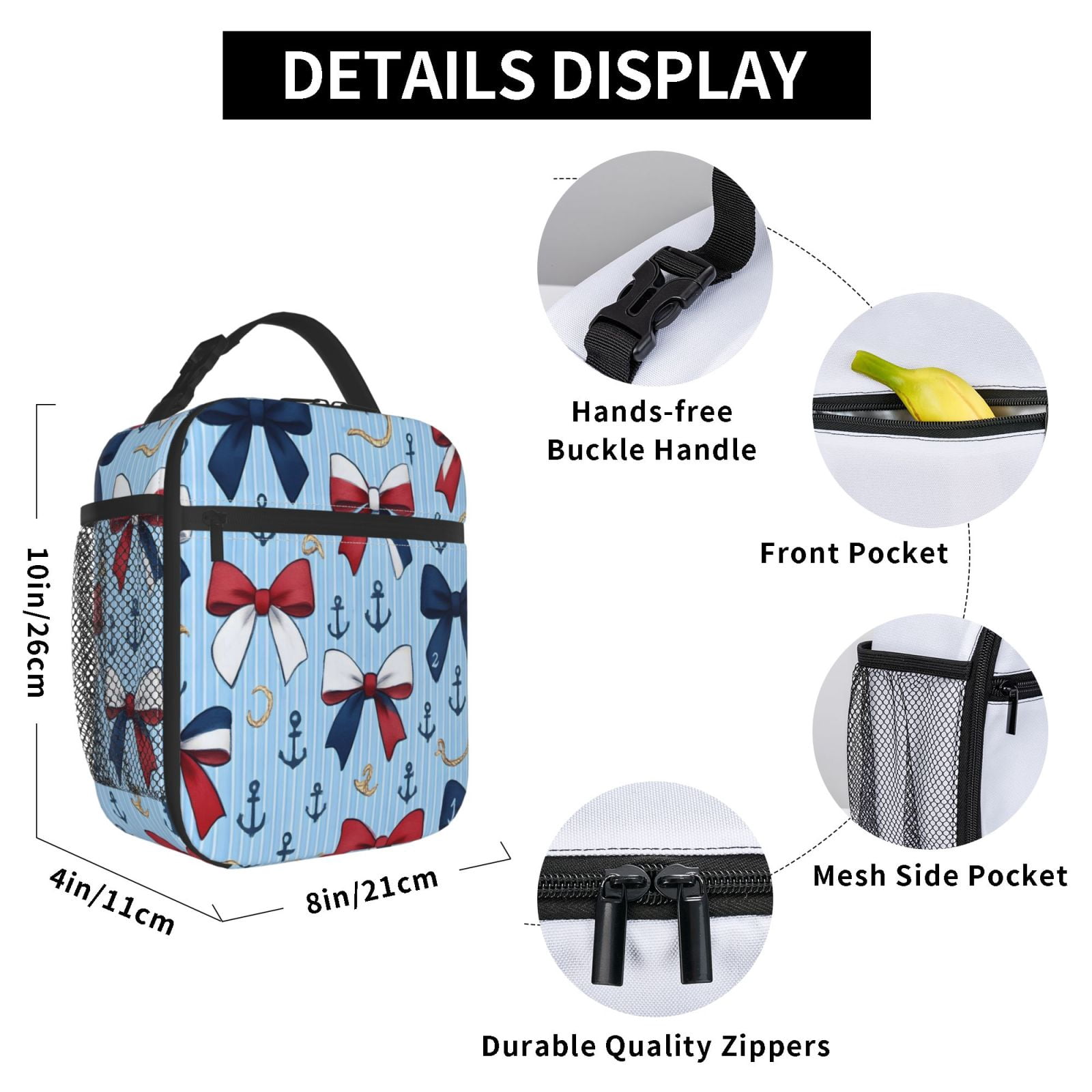 Lunch Bag For Women Men Insulated Portable Lunch Box Bento Box Office Picnic Travel Cooler Bag Nautical Theme Ribbon Bow Pattern