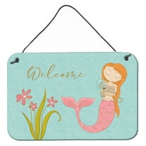 Carolines Treasures BB8548DS812 Mermaid with Cat Welcome Wall or Door Hanging Prints  8x12 multicolor