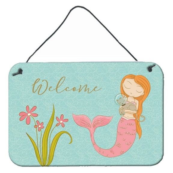 Carolines Treasures BB8548DS812 Mermaid with Cat Welcome Wall or Door Hanging Prints  8x12 multicolor