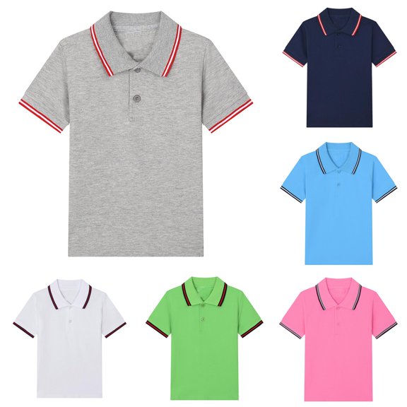 HCYSFG Boys Solid Color Polo Tees Striped Notch Neck Short Sleeve Button Placket Classic School Uniform Tops Golf Tees