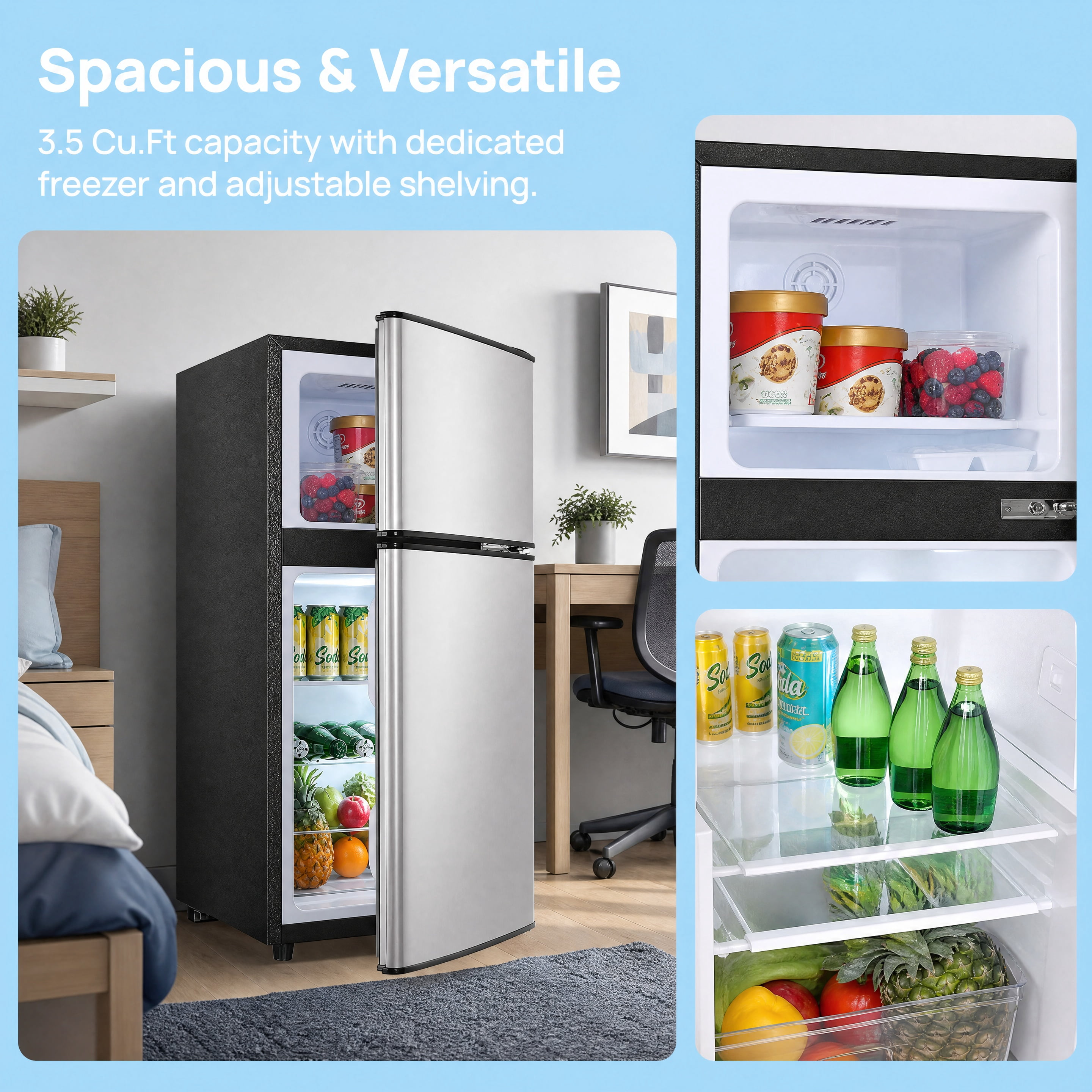 3.5 Cu.Ft Compact Mini Refrigerator with Freezer 2‑Door Small Fridge 16.69"W x17.52"D x34.18"H ABS&Steel Construction Adjustable Thermostat Removable Glass Shelves for Dorm Apartment Office Bar