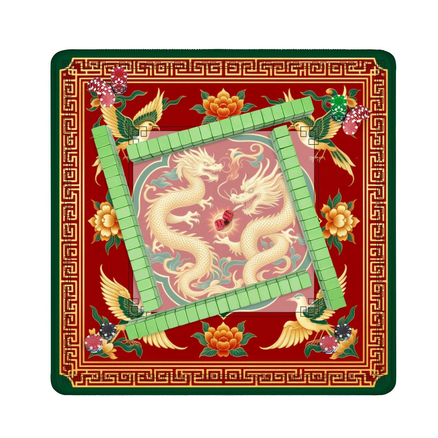Mahjong Mat 31.5" x 31.5" Golden Chinese Dragons Birds Floral Red Non-Slip Noise Reduction American Mahjong Tiles Table Cover for Dominoes Poker Card Board Games Gift