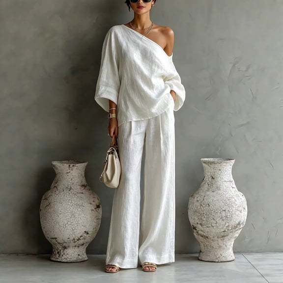 Morttic Women's Solid One Shoulder Batwing Sleeve Top & High Waist Wide Leg Pants with Side Pockets Flowy Beach Daily Outfit White,S