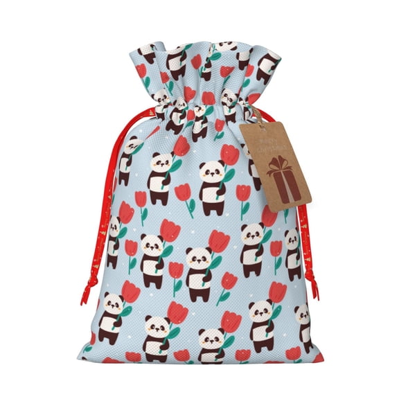 Naloa Panda And Rose Drawstring Christmas Bags, 3D Xmas Gift Bags, Christmas Wrapping Bags, Xmas Goodie Bags, Treat Pouch Bags, Party Favor Bags-Medium