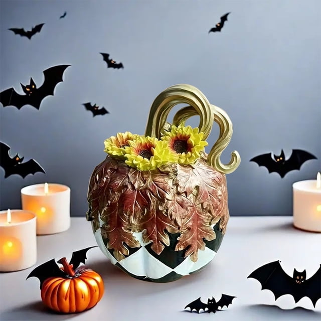 Adorno de Calabaza de Resina En Blanco y Negro para Halloween | Figura Decorativa para Fiestas y Hogar | 17 X 19,5 Cm | 1 Kg | Decoración Festiva para Sala de Estar, Oficina y Fiestas | Diseño Artíst