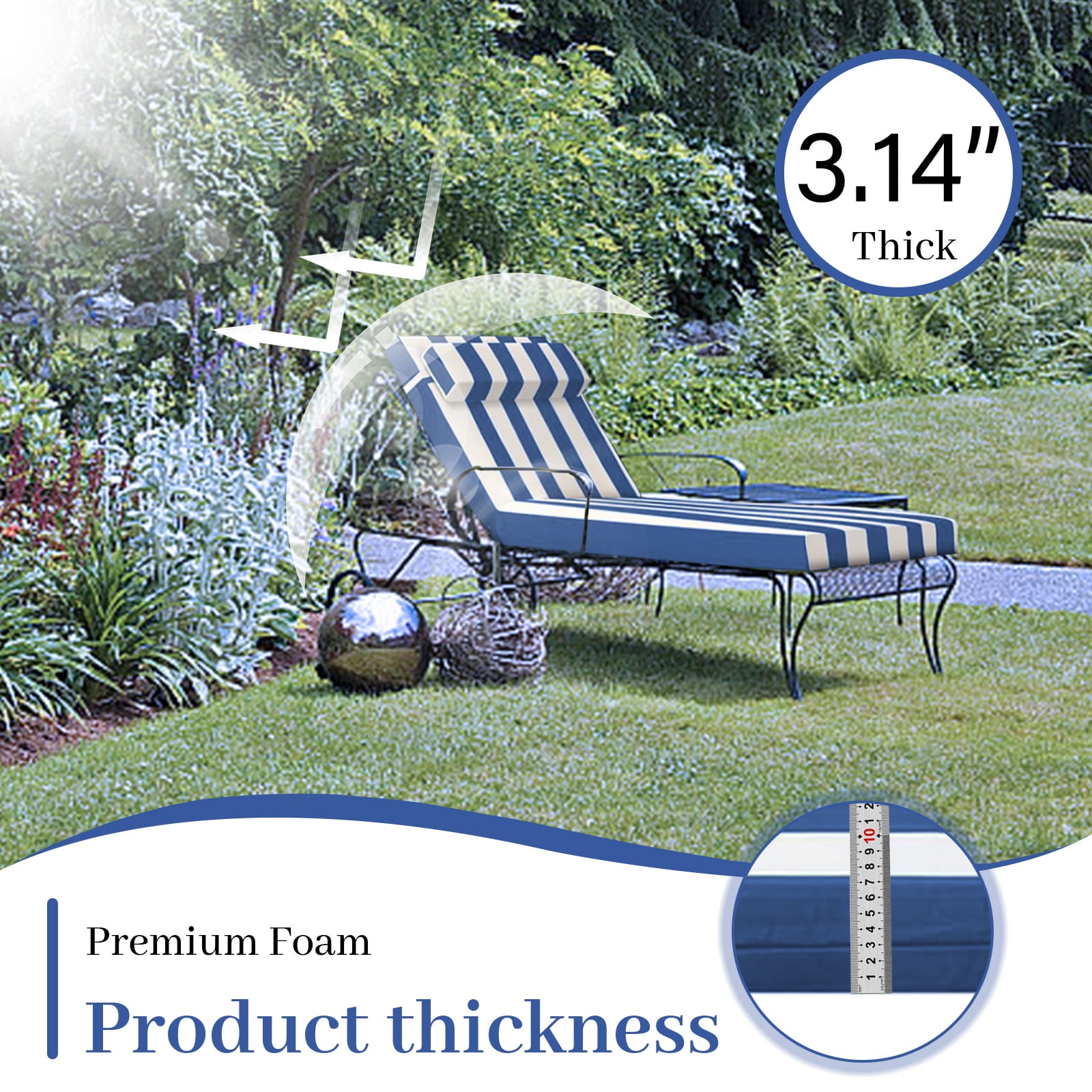 Outdoor Chaise Lounge Cushion, High-Density Foam Fill Patio Furniture Bench Cushions with Ties, Thicken Waterproof Replacement Back Chaise Cushions for Pool, Sand Beach (Blue White Stripes)