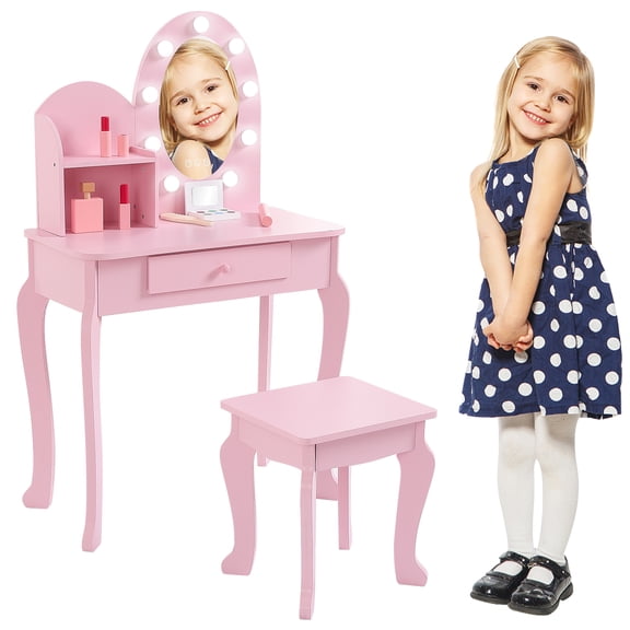 Kicctian Lighted Mirror Kids Vanity Set with Stool, Wooden Makeup Table for Girls Ages 4-9, Princess Dress Up Playset for Bedroom or Playroom, Pink
