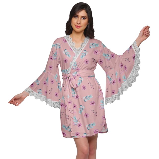 Moomaya Robe Courte Imprimée pour Mariée Préparation Manches Cloche Peignoir Femmes Enveloppe