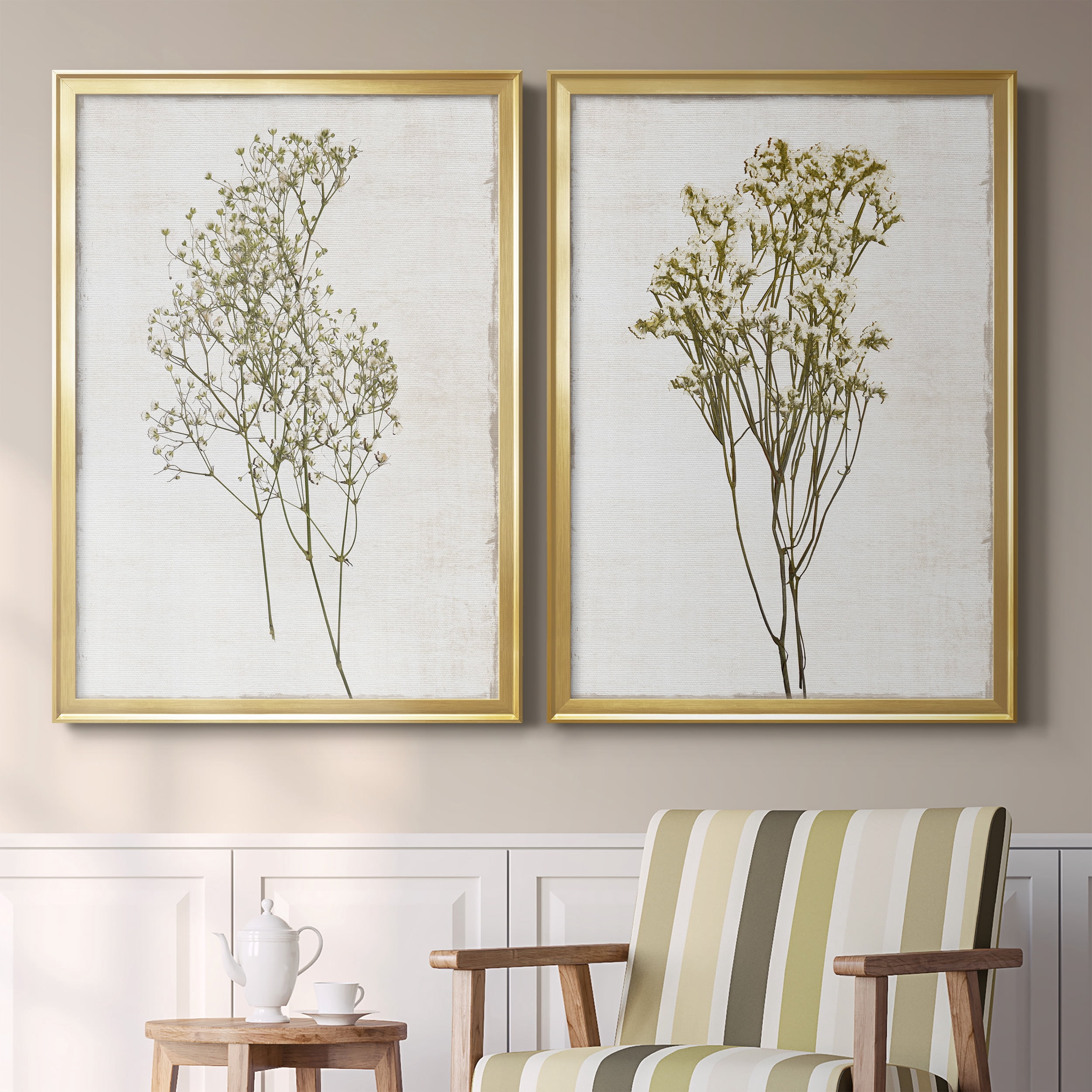 2 Piece Set Farmhouse Pressed Flower I Premium Framed Canvas - Ready to Hang - 26.5 x 36.5 Each - Gold Frame