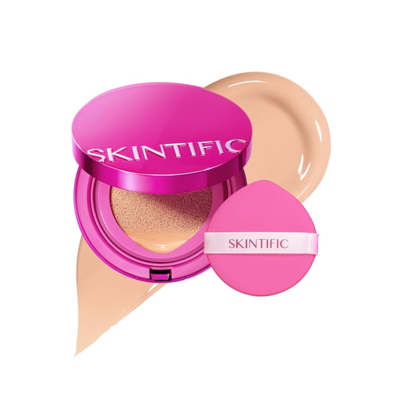 SKINTIFIC Base de Maquillaje Cushion de Alta Cobertura y Acabado Glow - Maquillaje Long-Lasting Hidratante con P&eacute;ptidos y &Aacute;cido Hialur&oacute;nico - Efecto Sin Poros y Protec