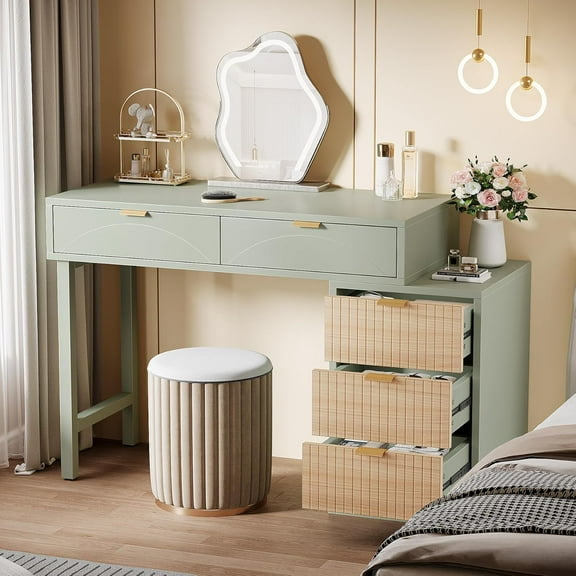 Tribesigns 39" Modern Dressing Table, Wood Makeup Vanity Desk with 5 Drawers for Bedroom, Mint Green