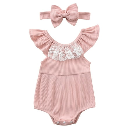 

Dezsed Infant Baby Girls Clothes Lace Fly Sleeve Ribbed Solid Romper With Hairband Summer 2023 Baby Bodysuits 0-12M Body For Newborns