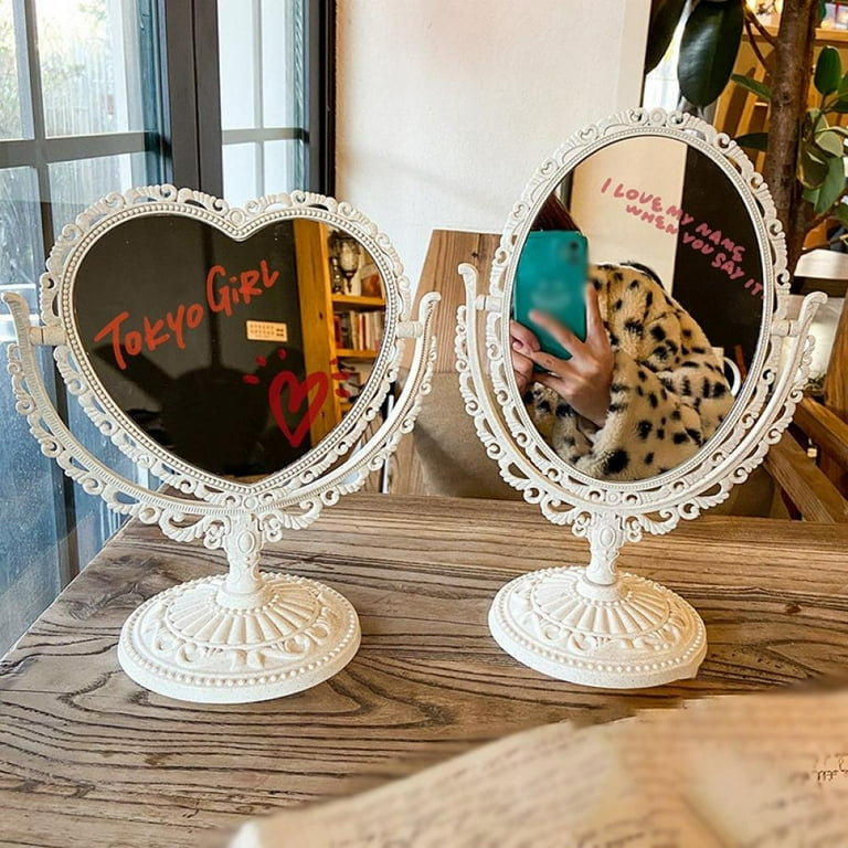 1 Pack Simple and Lovely Heart Shaped Cosmetic Mirror Plastic Double Sided Rotatable Dresser Mirror Lightweight Mirror Bathroom Bedroom Mirror