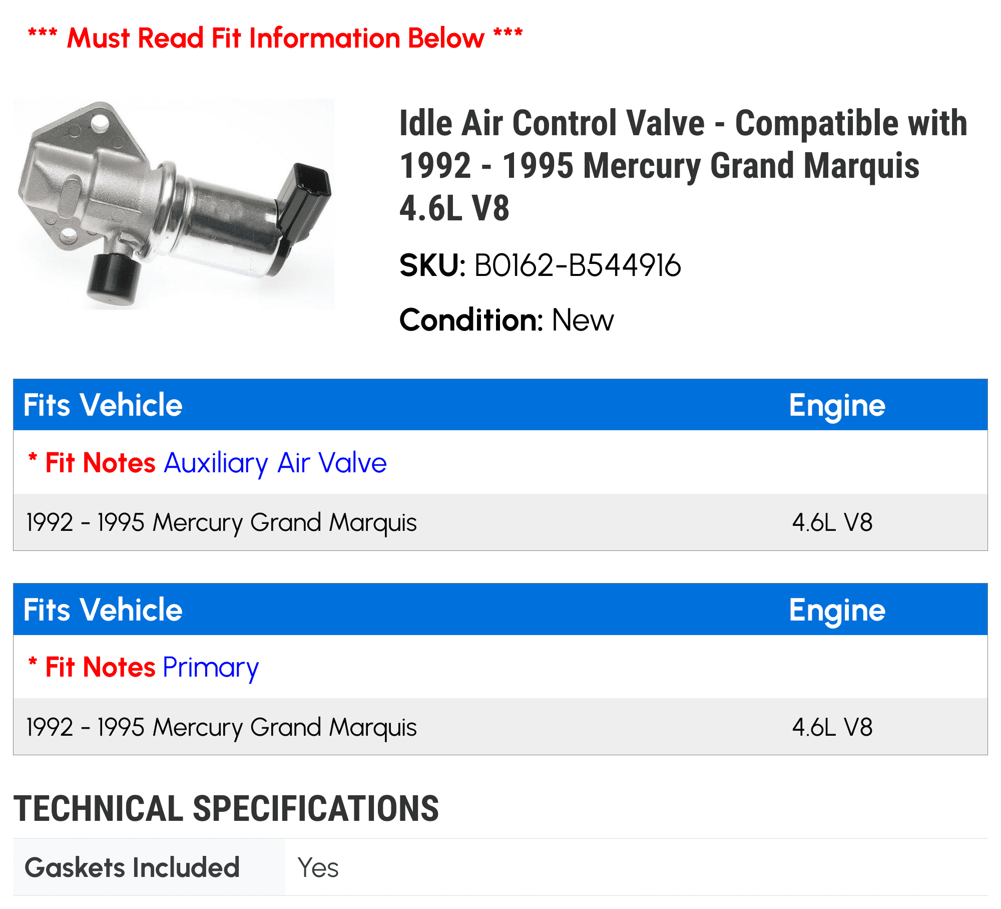 Idle Air Control Valve - Compatible with 1992 - 1995 Mercury Grand Marquis 4.6L V8 1993 1994
