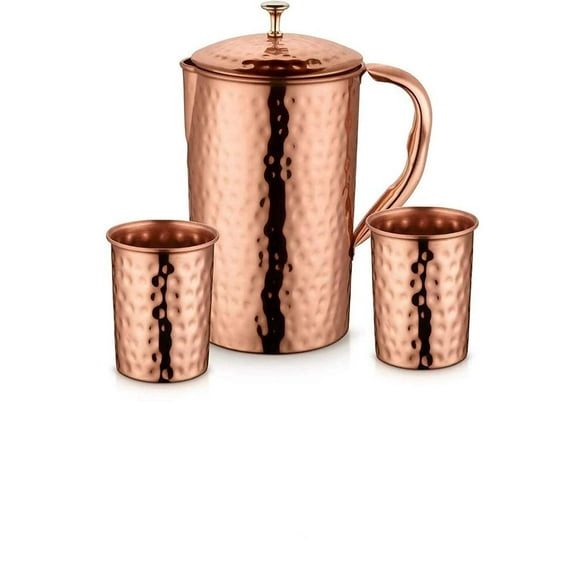 Pichet en Cuivre Pur Fait Main avec 2 Verres - 1 Litre, Brun / Étanche et Lavable au Lave-Vaisselle